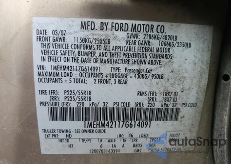 2007 Mercury Montego Premier from USA, damaged, VIN 1MEHM42117G614091